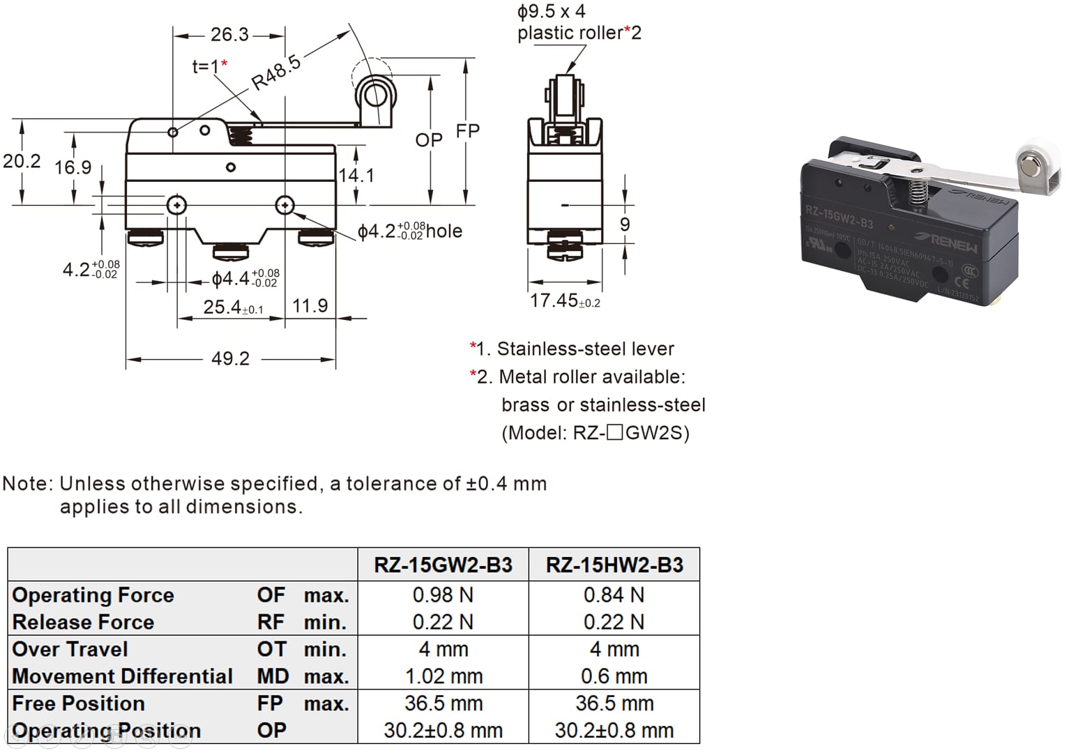 Hinge Roller Lever Basic Switch cs