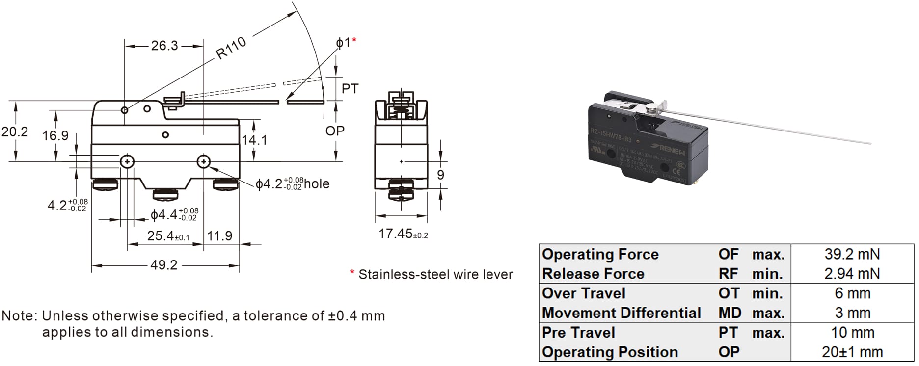 Low-force Wire Hinge Lever Basic Switch cs