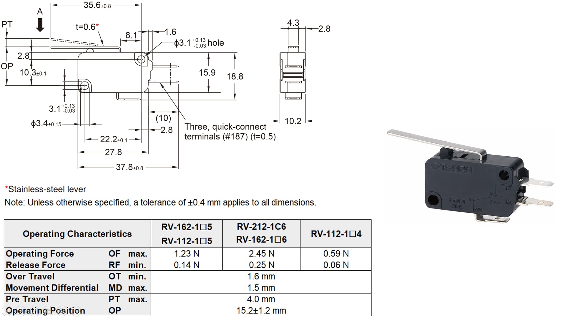 Short Hinge Lever Miniature Basic Switch