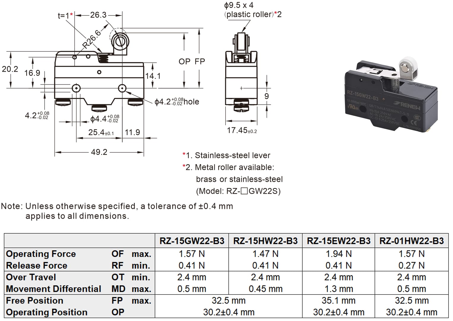 Short Hinge Roller Lever Basic Switch cs